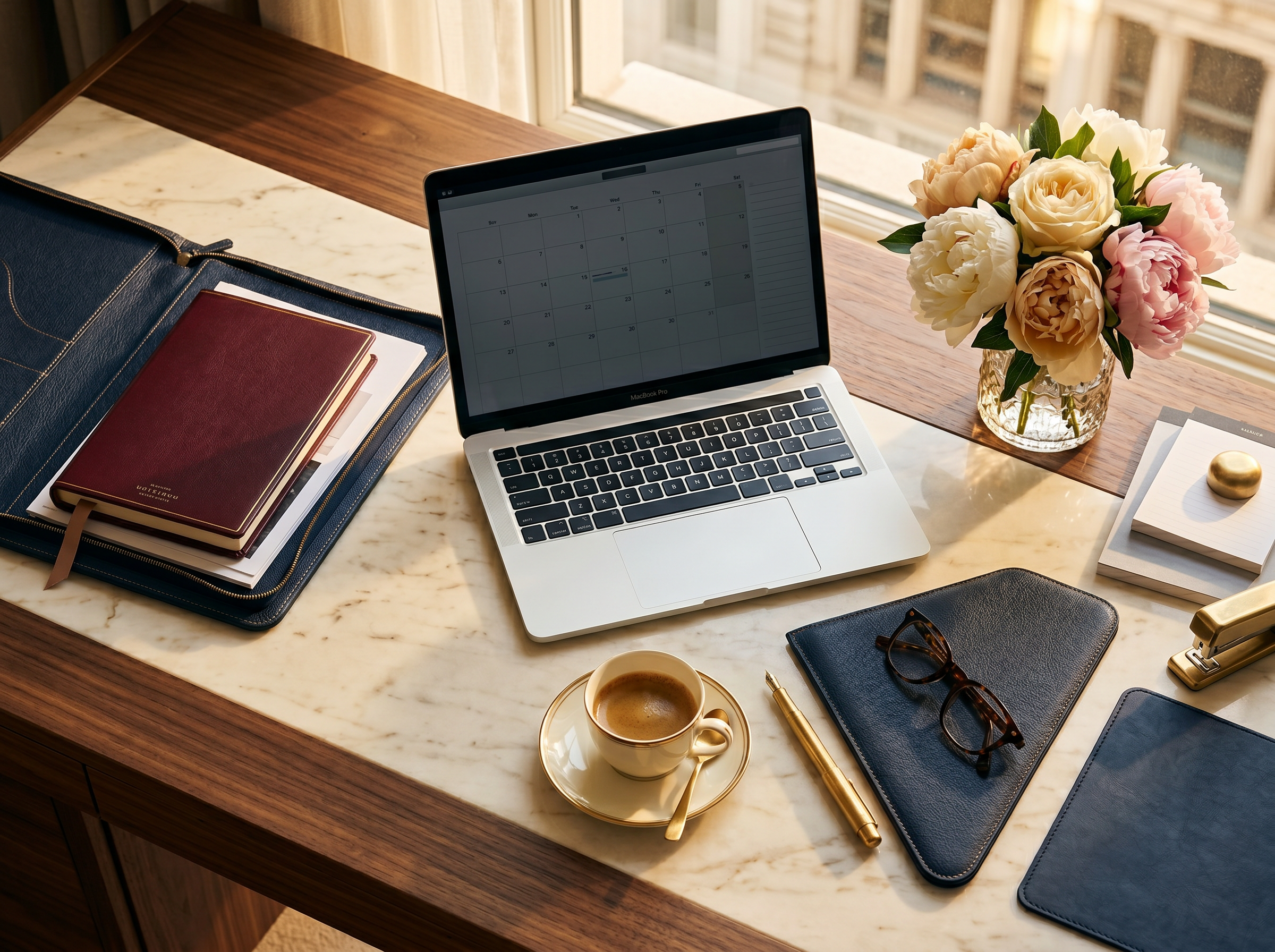 Laptop with calendar open beside a leather planner and espresso