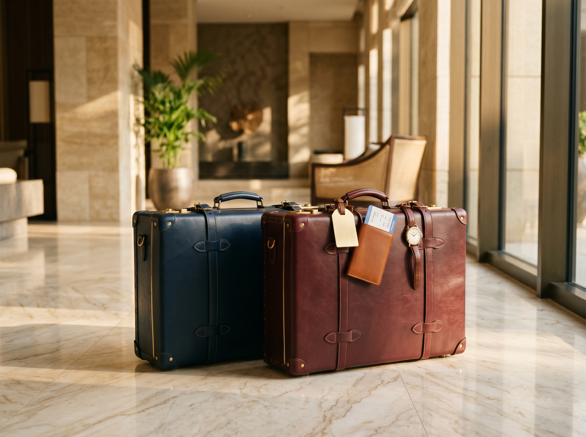 Laptop with flight search, leather passport holder, and handwritten itinerary